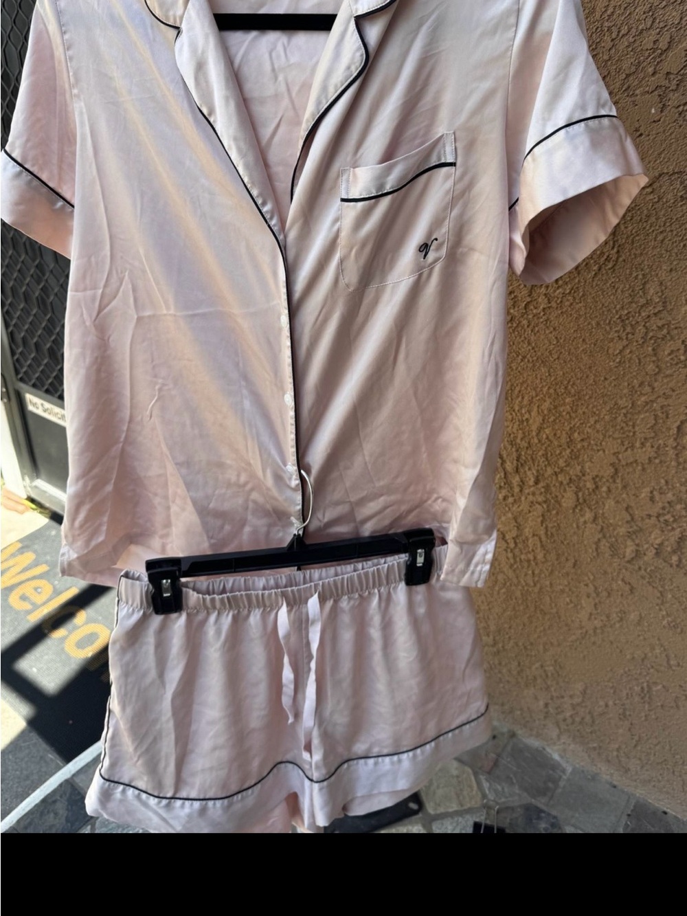 Victoria's Secret Pale Pink Satin Short Pajama Set with Black Trim